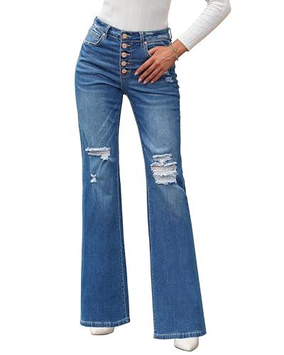 Roskiky Jeans da donna a vita alta, jeans da donna con fori, elasticizzati, Blu, M