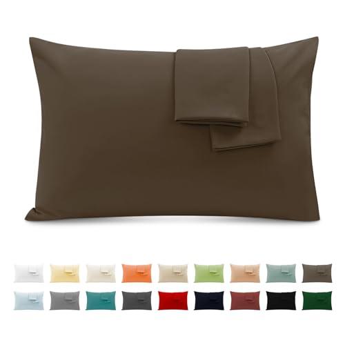 Federe Cuscini Letto Matrimoniale Cotone 50x80 cm 2 PCS, Set 2 Federe Certificato Oeko-TEX in Premium Cotone 110GSM, Morbida e Traspirante, Ipoallergenica -Marrone Chiaro