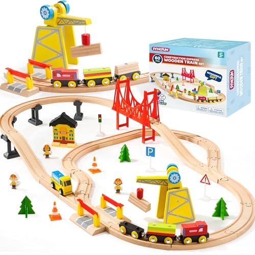 SYNCFUN 60 pezzi Montessori Set di Treni in Legno Giocattolo per Bambini 3 4 5 6, Pista Macchinine, Ferrovia Ingegneristica con Gru Magnetica, Treni e Accessori, Regalo per Bambini e Bambine