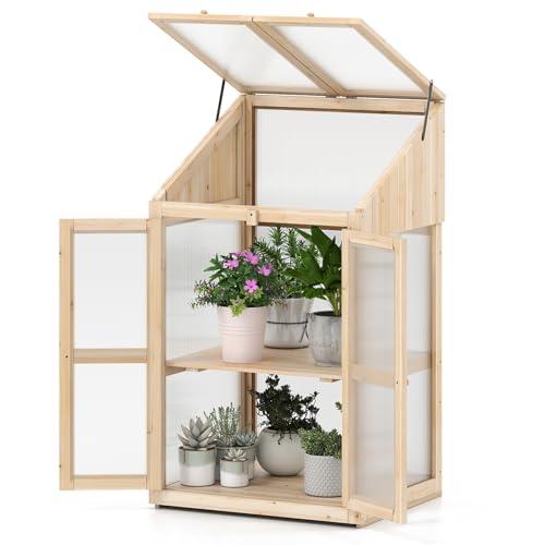 COSTWAY Serra da Balcone, Serra in Legno con Ripiano Fiori Rialzato, Tetto Trasparente Apribile, Porta Bloccabile e Ripiani Rimovibili, per Giardino e Cortile, 69 x 58 x 121 cm