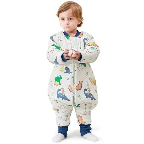 MIKAFEN Sacco nanna a maniche lunghe con piedi 3,5 tog invernale, per bambini - sacco nanna invernale con gambe - 100% cotone, Dinosauri verdi (18-36 mesi)