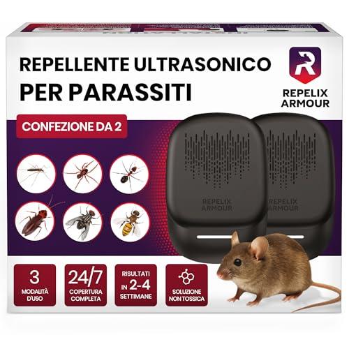 REPELIX ARMOUR Repellente ultrasonico per parassiti da interno – Confezione da 2 – Copre 140m² per dispositivo – 3 modalità – Allontana topi, ratti, ragni, zanzare, formiche, insetti e mosche