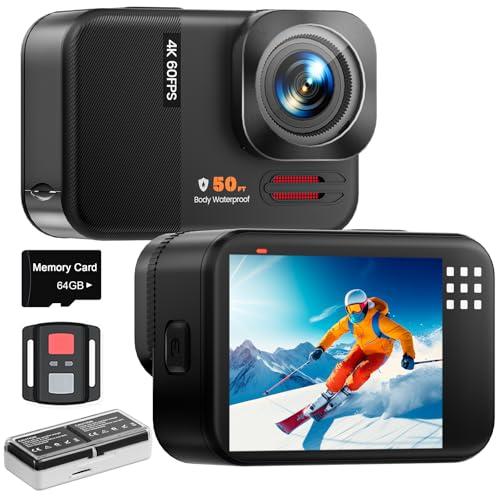 4K 60FPS 48MP Action Cam, 50ft Fotocamera Subacquea Con 64GB Scheda, WIFI Grandangolo 170° Fotocamera per Casco, Telecomando, 2 X 1350 mAh, Accesorios Multiples per Bicicletta Casco Sci Surf