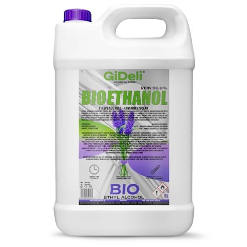 GiDeli Bioetanolo 5 l profumo di lavanda 96,6% etanolo per camini interni ed esterni, senza fumo e fuliggine, da mais e barbabietola da zucchero