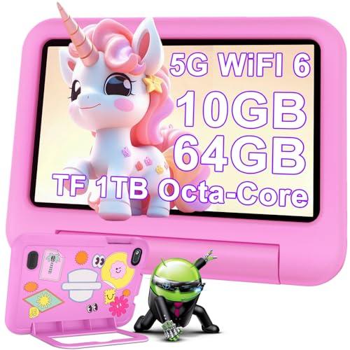 Tablet per Bambini Andorid 14 Tablets 7 Pollici 10GB RAM + 64GB ROM (TF 1TB), 5G WiFi 6, BT5.0, Octa-Core, Controllo Parentale | Doppia Fotocamera | GMS Certificated | GPS | Tablet con Custodia - Rosa