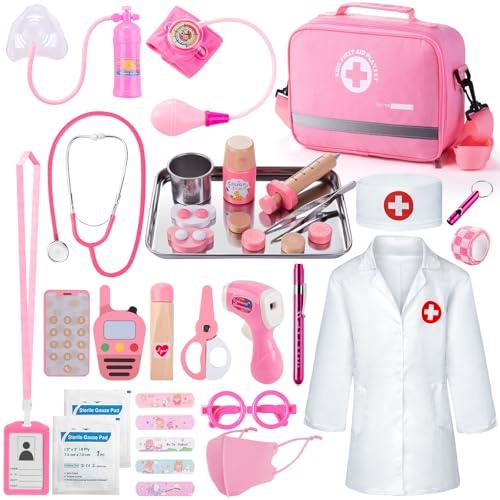 Sundaymot Valigetta Dottore Bambini, 35 Pezzi Kit Medico per Bambine con Vero Stetoscopio, Termometro, Camice da Medico e Borsa da Medico Portatile, Gioco di Ruolo per Ragazze dai 3 ai 6 Anni