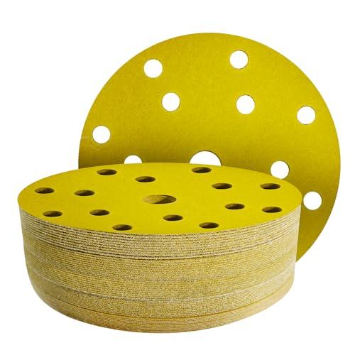 GZKTY 50 Pezzi Dischi Abrasivi 150mm, Grana 180, 15 Fori per Levigatrice Orbitale, Carta Vetrata per Legno e Metallo