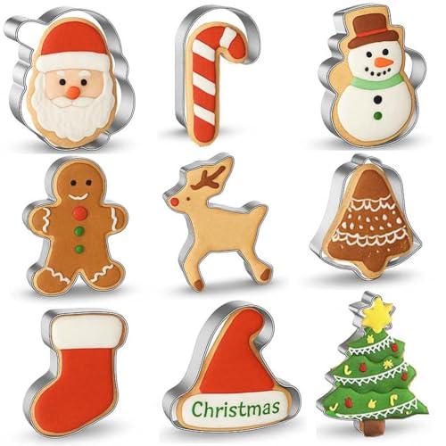 Formine Biscotti Natale, 9 Pezzi Acciaio Inox Stampi Formine Biscotti - Omino Pan di Zenzero, Albero, Fiocco di Neve, Bastoncino di Zucchero, Babbo Natale, Pupazzo di Neve, Renna, Cappello e Campana