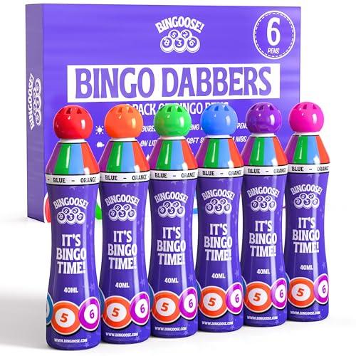 Bingo Dabbers - Confezione da 6 penne da bingo con punta in spugna con inchiostro luminoso, tappo a vite, non perdono, pennarelli a lunga durata per divertimento notturno