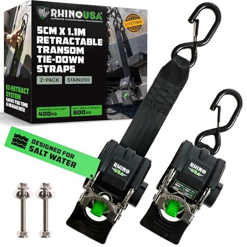 Rhino USA Cinghie Retrattili per Rimorchio Barca (Confezione da 2) - Cinghie di Fissaggio per Barca da 5cm x 1,1m, 1300kg - Fissaggio per Barca, Jet-Ski e altro! Acciaio Inossidabile