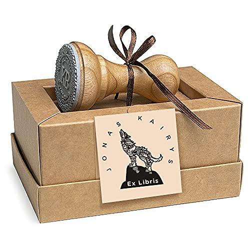 Ex libris Lupo Solitario Collina, Timbri Personalizzati, Legno Rotondo 37mm, Scatole Regalo