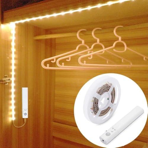 Luce Armadio LED con Sensore di Movimento, OriFiil Striscia LED 1 Metro Striscie a Batteria, 3000K Bianco Caldo Luce Bambini Notturna per Armadi Camere da Letto, Scala, Guardaroba, Bagno