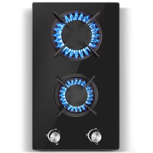 SNDOAS Piano Cottura 2 Fuochi Gas, 30 cm Piano Cottura Vetro con Protezione Automatica Della Fiamma, Gas Naturale e Gas Propano, Incorporato, Nero, 4200 W, 220-240 V