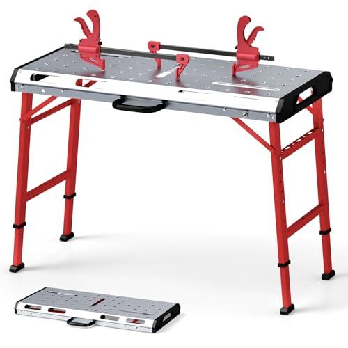 COSTWAY Tavolo da Lavoro Pieghevole, Banco da Lavoro Portatile con Altezza Regolabile a 7 Livelli e 2 Staffe da Saldatura, Capacità di Carico 450 KG (Modello 2)
