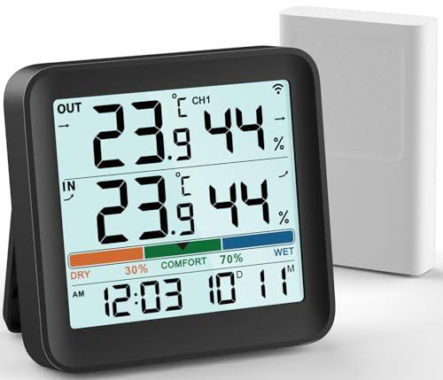 VOCOO Termometro per Interni ed Esterni Igrometro Monitor di Umidità Misuratore di Temperatura Digitale Stazioni Meteo con Retroilluminazione LCD Orologio Data Valore Min/Max Indicatore di Comfort