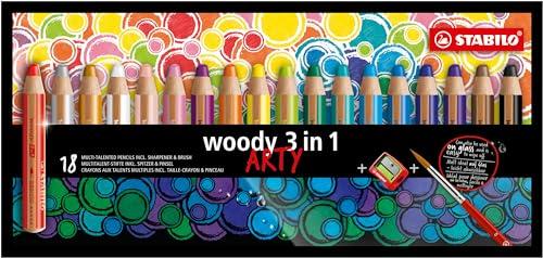 STABILO woody 3 in 1 - Matita colorata Multi-Funzione - ARTY - Astuccio da 18 - con Temperino e Pennello - Colori assortiti