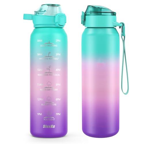 SLUXKE 1L Borraccia Termica con Cannuccia, 18/10 Acciaio Inox Boraccia 1000ml con Coperchio del beccuccio per Scuola, Sport, Campeggio, Yoga (Verde Rosa Viola)