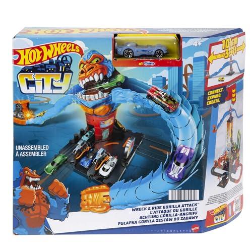 Hot Wheels - City Gorilla Attacco Distruttivo, Playset a Tema Stazione di Servizio con 1 Macchinina, Giocattolo per Bambini 4+ Anni, HDR30