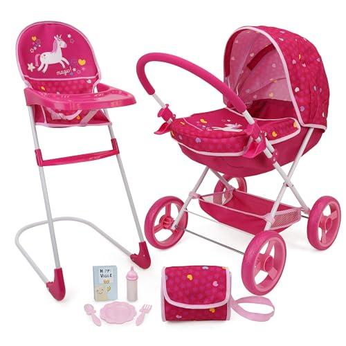 509 Crew Doll Pram n Feed 8 Piece Combo Play Set, Classic Doll Pram, Doll High Chair, Diaper Bag, 5 Piece Feeding Toys, for Dolls 46cm, Pretend Play for Kids Ages 3+
