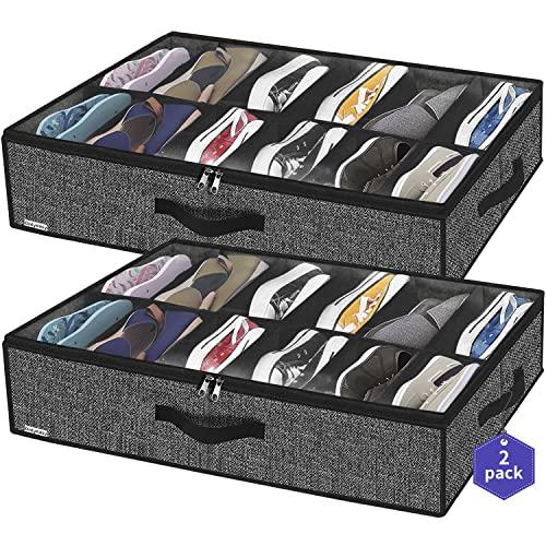 homyfort Set di 2 Organizzatore Scarpe Sottoletto con Coperchio Trasparente - Custodia Portascarpe a 12 Scomparti Organizer Pieghevole in Tessuto, Nero Lino, XAUBSB2P