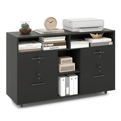 COSTWAY Armadietto Portadocumenti, Mobile da Ufficio Laterale con 4 Cassetti Adatto per File Formato A4/Lettera e 5 Ruote Universali Bloccabili, Credenza in Metallo per Scrivania (Nero)