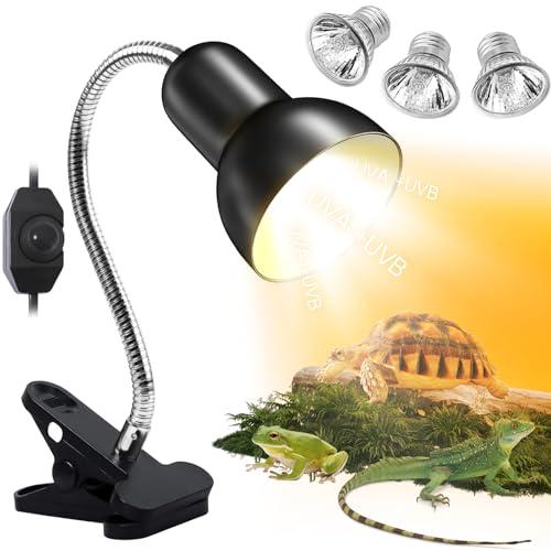 PQETBV Lampada Riscaldante Tartarughe Rettile, Lampada UVB Tartarughe con 3 Lampadina UVA UVB a Punto Basking e Morsetto Girevole a 360 °Adatto per Tartaruga, Serpente, Lucertola, Camaleonte ECC