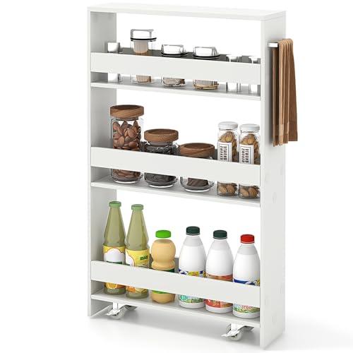 COSYWAY Carrello Portaoggetti da Cucina, Scaffale con Maniglia Laterale e Ruote, Carrello Salvaspazio con 3 Scaffali Stretti, 47,5x13x80,5 cm (Bianco+Bianco)