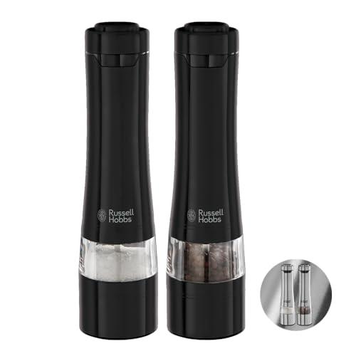Russell Hobbs Macina Pepe, Macina Sale E Pepe Elettrico, Ceramica, Macina Da Fino A Grossolano, Illuminazione Led Alla Base, 2 Coperchi, A Batteria, 28010-56, Nero