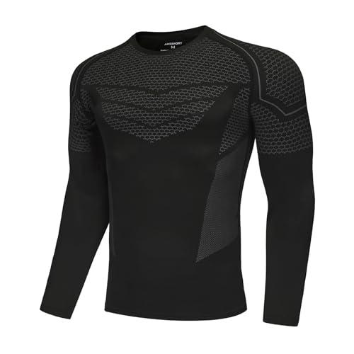 AMZSPORT Maglia Compressione Uomo Maglia Termica Manica Lunga Maglietta Palestra Compression Shirt Ciclismo Running Sportiva, Nero, L
