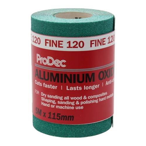 ProDec 5m Roll 120 Grit Grado fine verde ossido di alluminio carta abrasiva per la levigatura di legno, vernice, gesso, stucco, metallo e altro, 115 millimetri di larghezza carta abrasiva