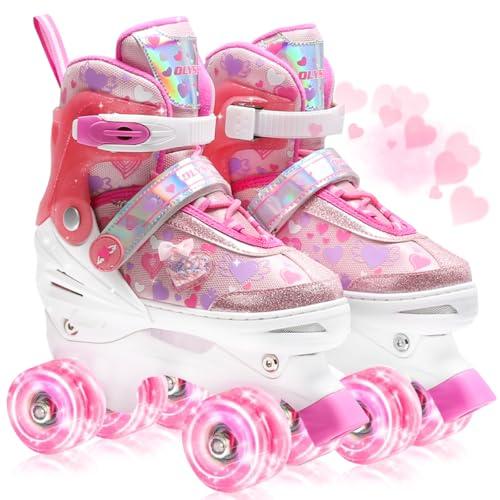 OLYSPM Pattini a Rotelle Bambina con Cuori Sognanti e Ruote Luminose,4 Taglie Regolabili,Pattini 4 Ruote per Bambino Bambini Principianti Regalo(Rosa,S)