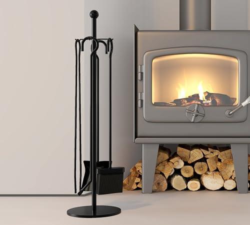 Kingson Set di 5 accessori per caminetto con pala, attizzatoio, spazzola, pinze e supporto per bruciatori a legna, 18 x 68 cm, colore: nero