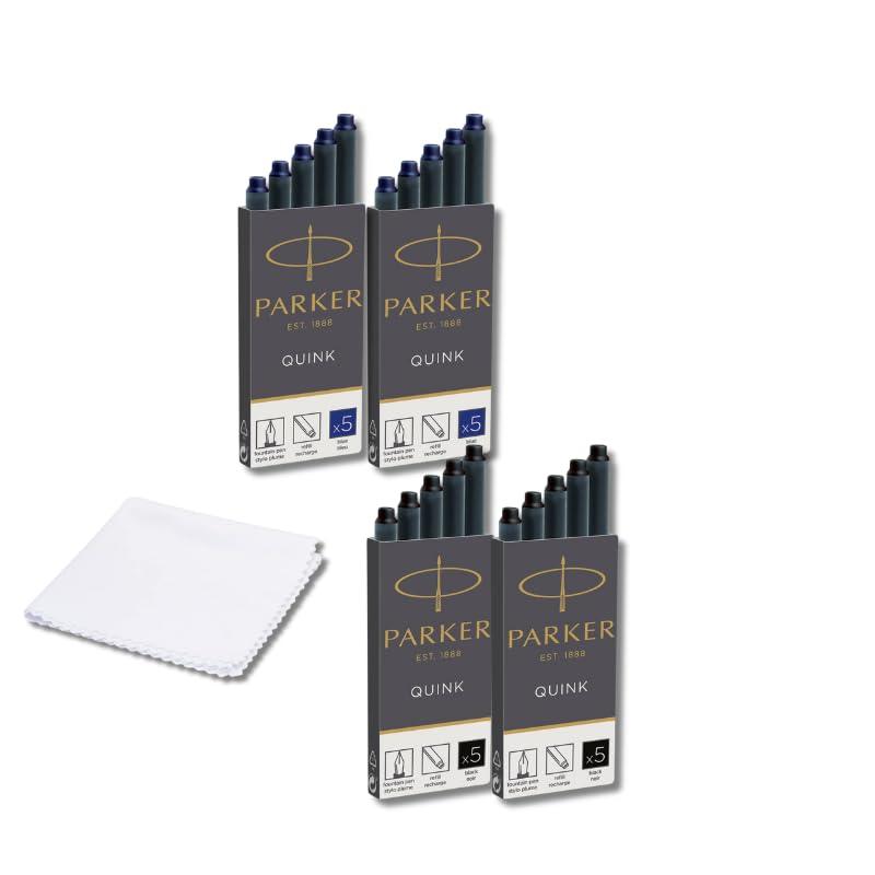 Parker Pen Cartucce d'inchiostro per penna stilografica Parker Quink 10 pezzi blu, 10 pezzi nero + panno