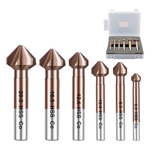 FOCSTOL Set di Punte per Svasatura in Metallo - Cobalto Punta Trapano per Svasatore Conico 90° con Gambo Rotondo per Acciaio Inox Rame Alluminio Legno Plastica 6 pezzi (6,3/8,3/10,4/12,4/16,5/20,5mm)