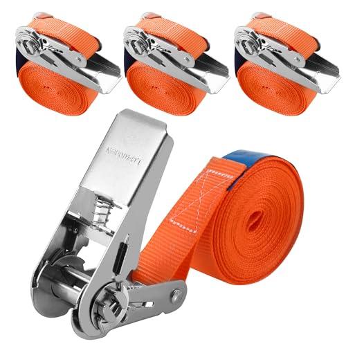 4 Pezzi Cinghie A Cricchetto senza gancio,4 mx 25 mm Cinghie Di Fissaggio,Può sopportare 800 kg，Secondo la norma DIN EN 12195-2 standard,Cinghia A Cricchetto per carrelli, valigie per moto(Arancione)