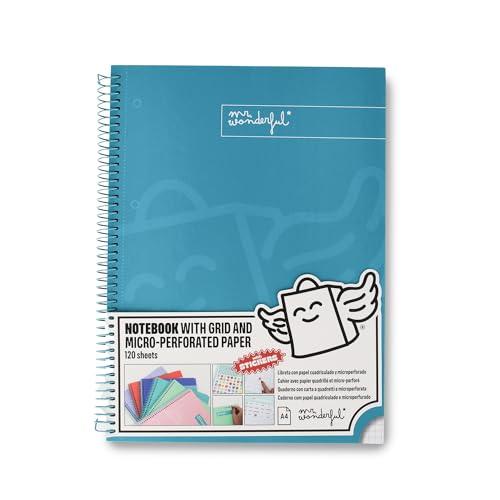 Mr. Wonderful - Quaderno A4 turchese - 240 pagine a quadretti microperforate - Copertina extra rigida - Rilegatura a spirale - Adesivi inclusi
