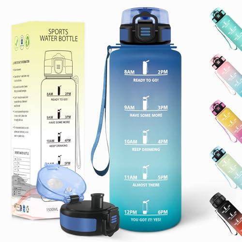 Baramumu Borraccia 1,5 litri, Riutilizzabile, Borraccia Motivazionale, a Prova di Perdite, Bottiglia Acqua, Senza BPA, Borracce, per Sport, Ciclismo, Palestra, Ufficio, Blu-Verde