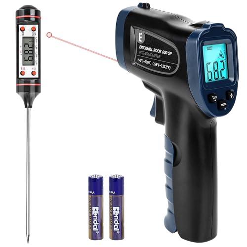 ERICKHILL Termometro a infrarossi -50℃ ~ 600℃ Pistola termica digitale laser senza contatto con display LCD, emissività regolabile - Adatto per cucinare/grigliare/congelare, con sonda per carne