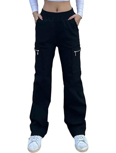 Nuofengkudu Gamba Larga Diritto Pantaloni Cargo Donna con Cerniera Tasche Stretch Lunghi Pantalone Elasticizzati Vita Alta Larghi Lavoro Comodi Y2K Teen Ragazza Moda Vintage Streetwear Nero XL