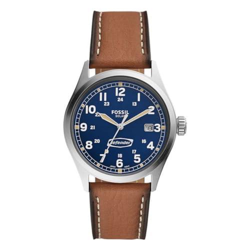 Fossil Orologio da uomo Defender, movimento solare, cassa in acciaio inossidabile argentato da 40 mm con cinturino in pelle ProPlanet, FS5975, Marrone scuro