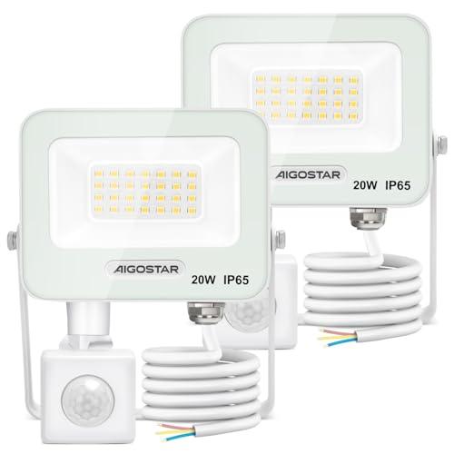 Aigostar 20W Faretto LED da Esterno con Sensore di Movimento，2 pezzi， Bianco，1650 LM，Bianco Naturale 4000K，IP65 Impermeabile Faretti Led per Interno，Giardino，Cortile，Patio，Garage