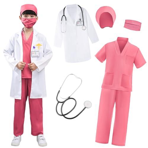 XFOZDM Costume da Dottoressa per Bambina Con Camice, Scrub, Stetoscopio, Kit Chirurgo Medico per Ragazze, Gioco di Ruolo, Carnevale, Halloween, Cosplay, 9 Anni, Rosa, 140