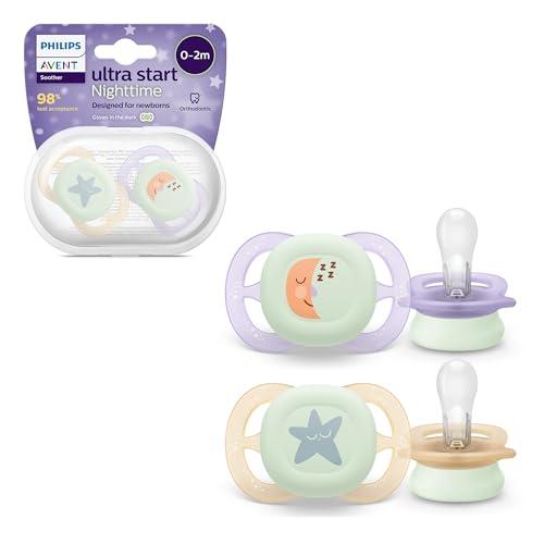 Philips Avent Ultra Start Nighttime, chupetes para recién nacidos de 0 a 2 meses, brillan en la oscuridad, tetina de silicona, sin BPA, con funda de transporte/esterilización, paquete de 2, SCF075/07