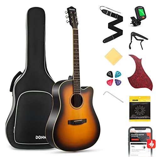 Donner Chitarra Acustica Kit 4/4 Chitarra Folk Cutaway 41 Pollice in Abete Mogano con Custodia Corde Plettri Capotasto Cinghia per Adulto Principiante Studente Sunburst