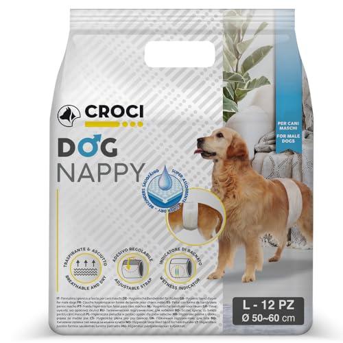 Croci Dog Nappy - Fascia Assorbente per cani maschi, taglia L - Ø 50-60 cm, Mutanda pannolino igienico pipi cane, Antiodore, Usa e getta, Chiusura adesiva regolabile, 12 pz