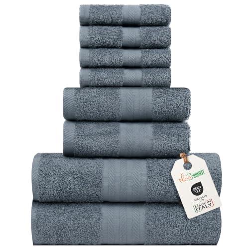 nice homeit Set Asciugamani Medie, in Cotone 100%, 8 Pezzi Asciugamani, Made in Italy. Extra Morbido Assorbente. 2 Asciugamani + 2 Asciugamani Ospite + 4 Lavette (Grigio scuro)
