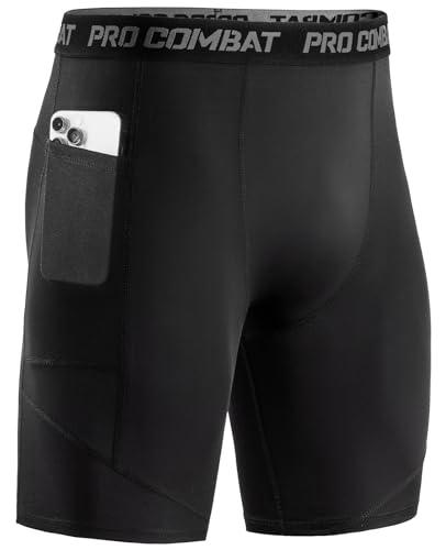 Niksa 1 Pezzi Pantaloncini Compressione Uomo Pantaloncini Fitness Pantaloni Corta Compressione Leggings Pantaloncini Compressi con Tasca per Cellulare, Nero, M