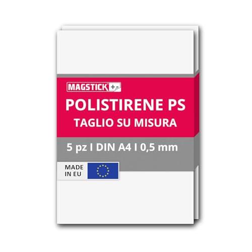 Magstick 5 fogli di polistirene compatto bianco - HIPS I DIN A4 fogli di plastica rigida PS grezzi I 29,7 x 21 cm I 0,5 mm di spessore I per modellismo architettura fai da te I mag259