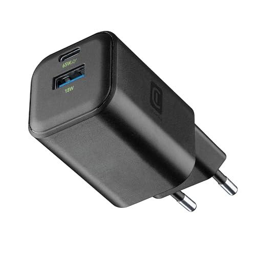 Cellularline Caricabatterie da rete con tecnologia GAN 65W - 2 porte USB-C e USB-A - ricarica rapida - formato compatto - nero