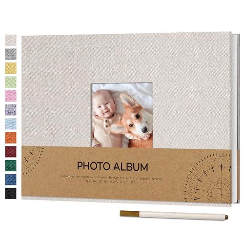 Vienrose Album Fotografico Autoadesivo con Finestra di Visualizzazione 10 x 15, Piccolo Album Scrapbook con Copertina in Lino 40 Pagine Bianche con Penna in Metallo, 21,5x30 cm Beige